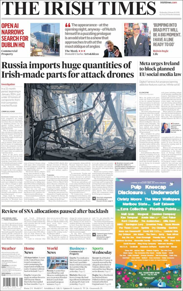 Portada de Irish Times (Irlanda)