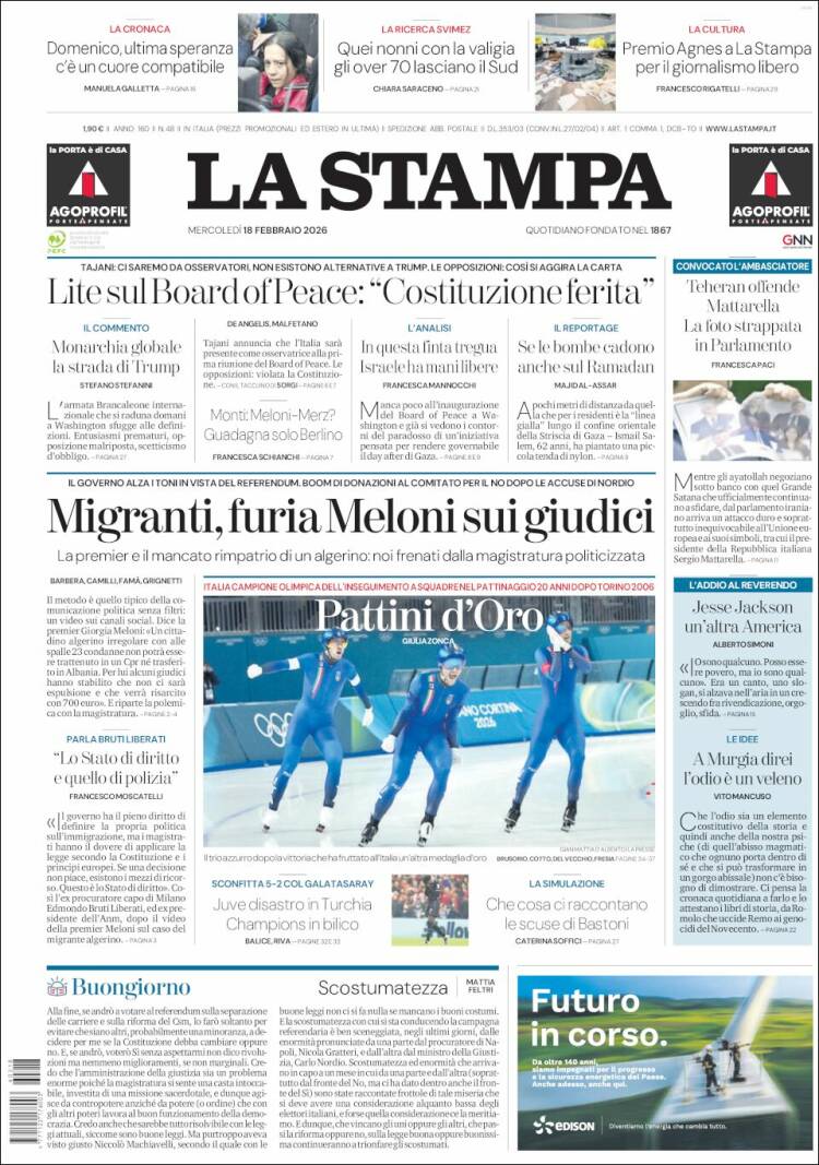 Portada de La Stampa (Italia)