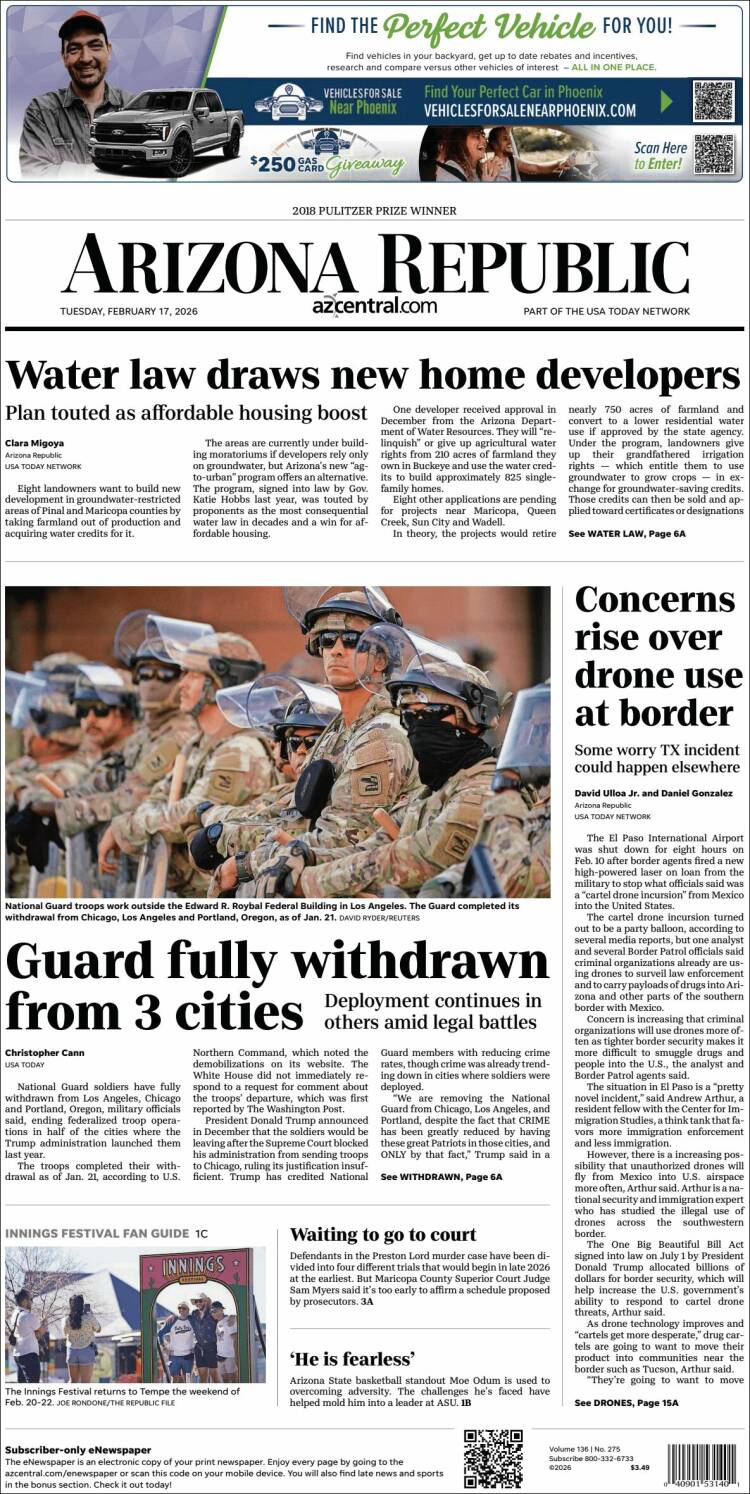 Portada de Arizona Republic News (USA)