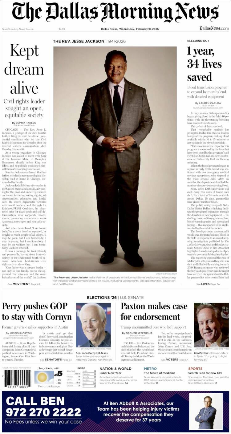 Portada de Dallas Morning News (USA)