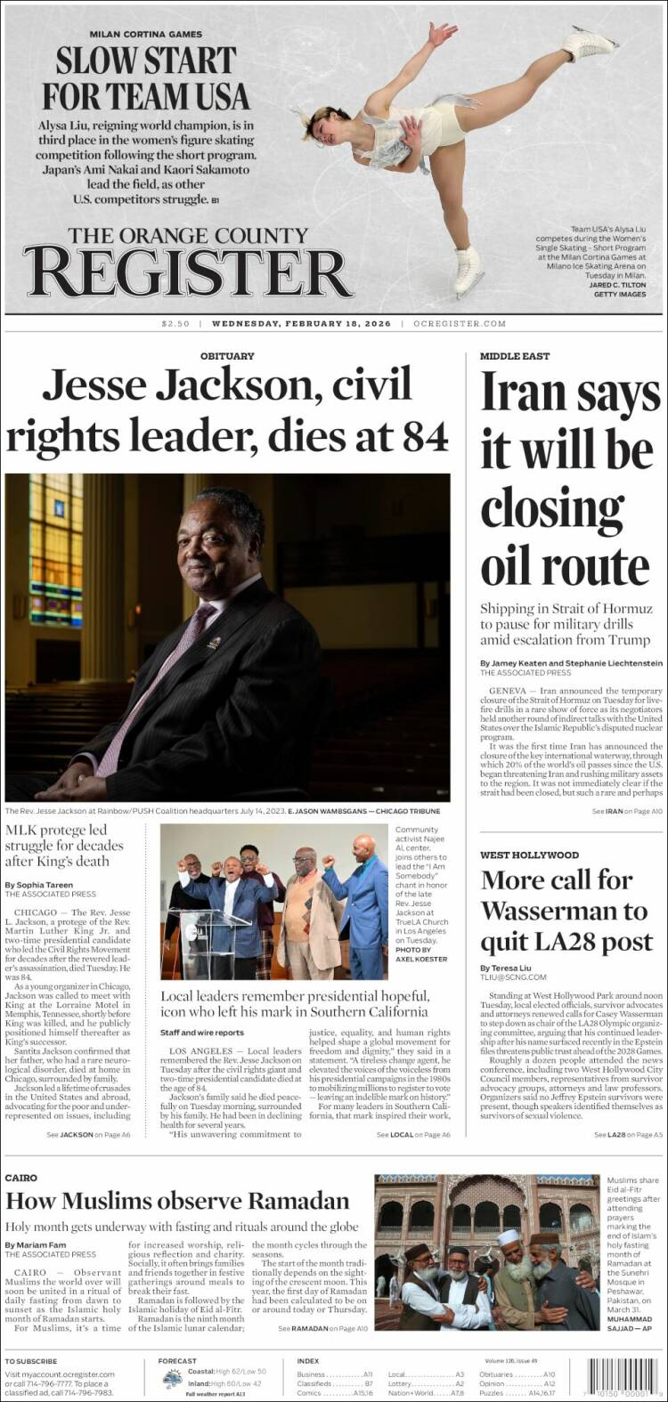 Portada de The Orange County Register (USA)