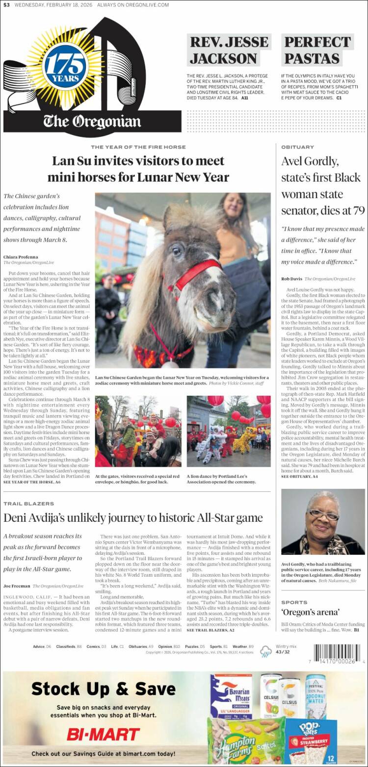 Portada de The Oregonian (USA)