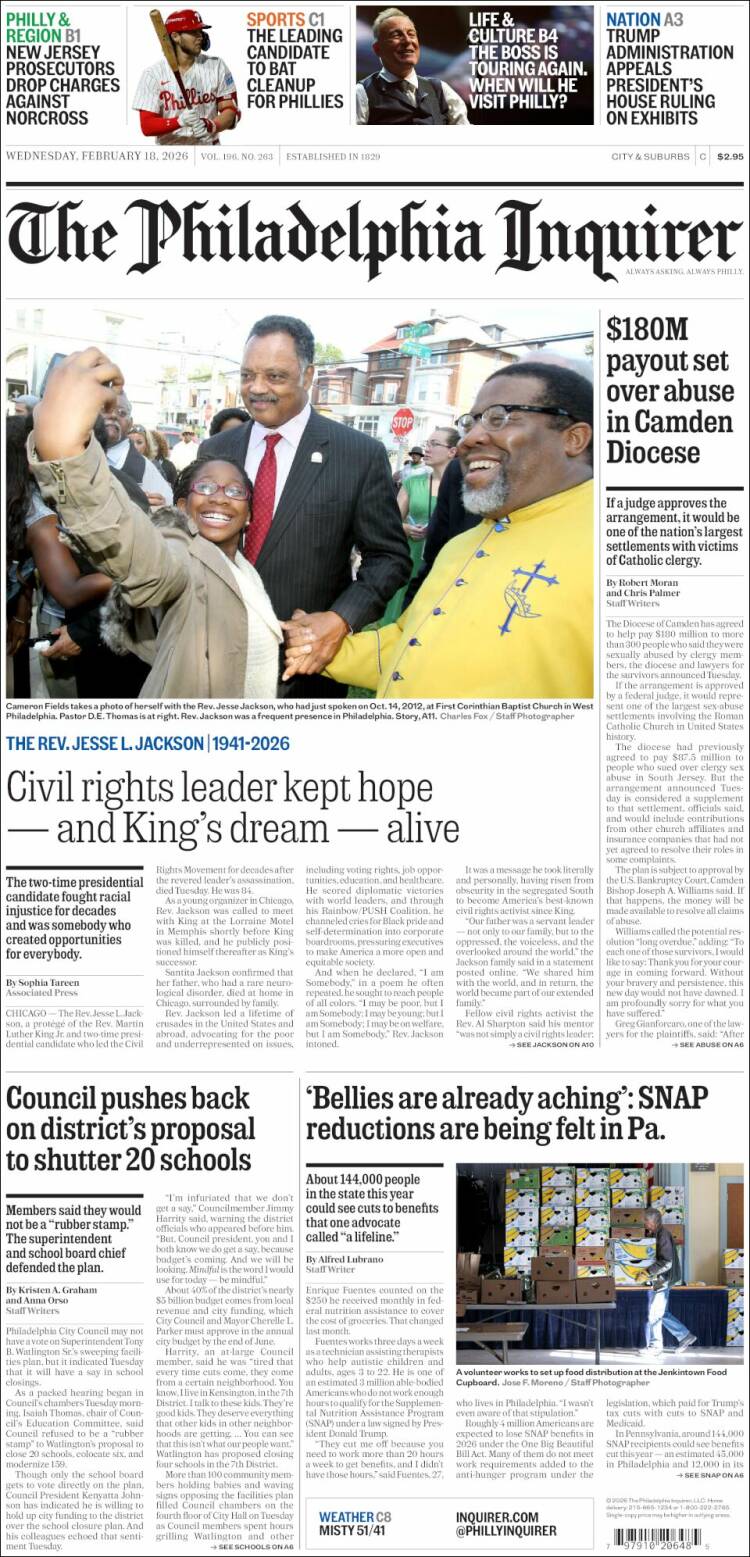 Portada de Philadelphia Inquirer (USA)