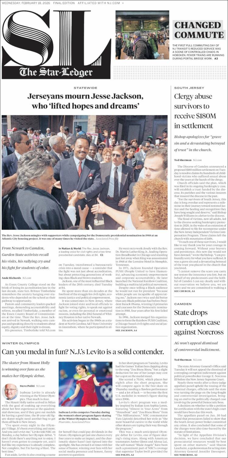 Portada de Star-Ledger (USA)