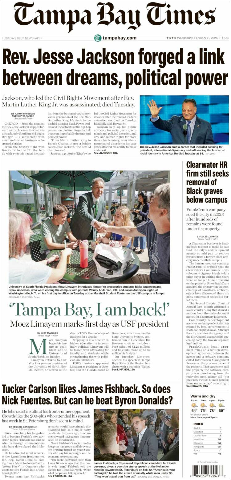 Portada de Tampa Bay Times (USA)