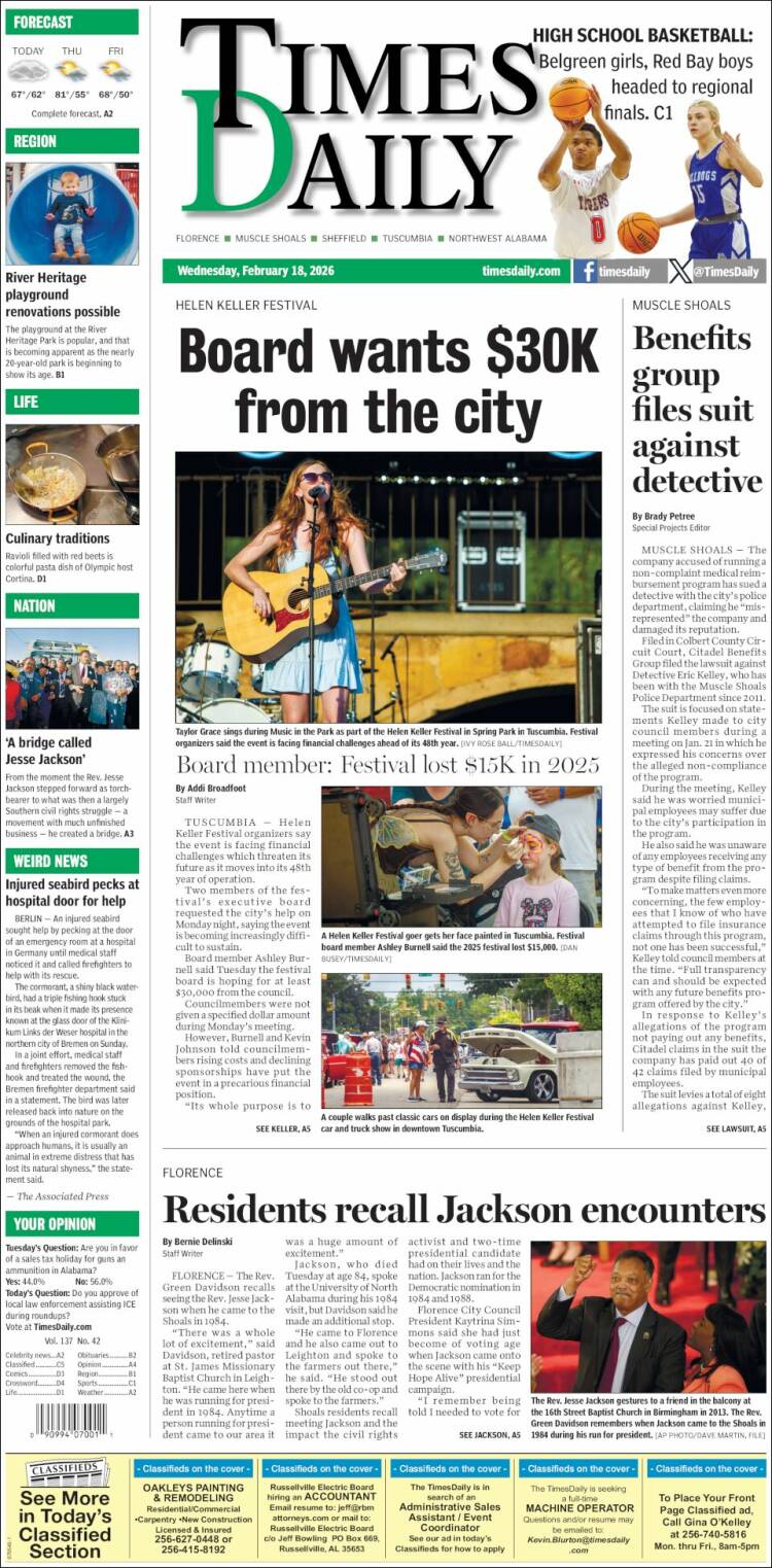 Portada de Times Daily (USA)