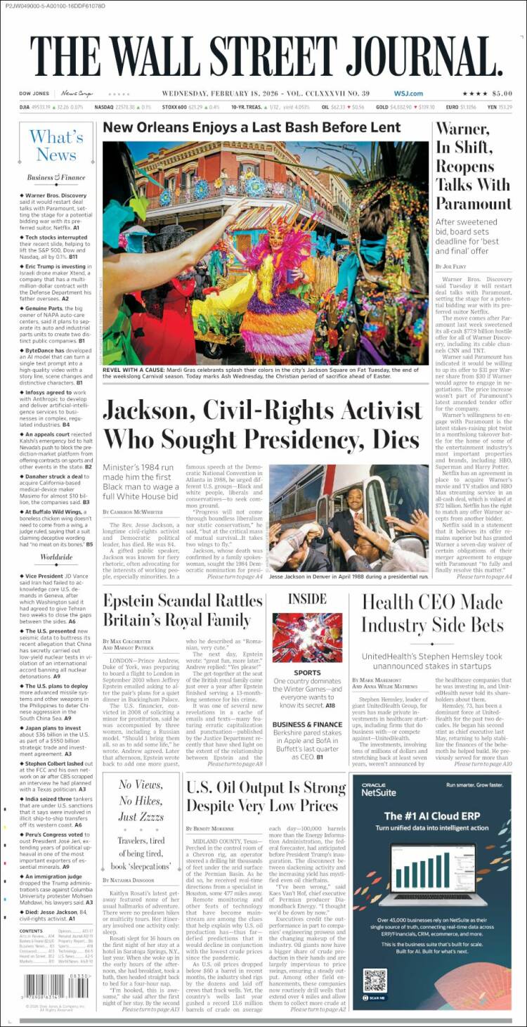 Portada de Wall Street Journal (USA)