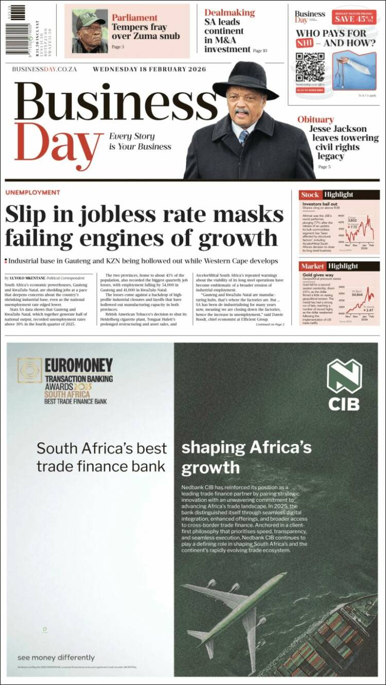 Portada de Business Day (Sud&aacute;frica)