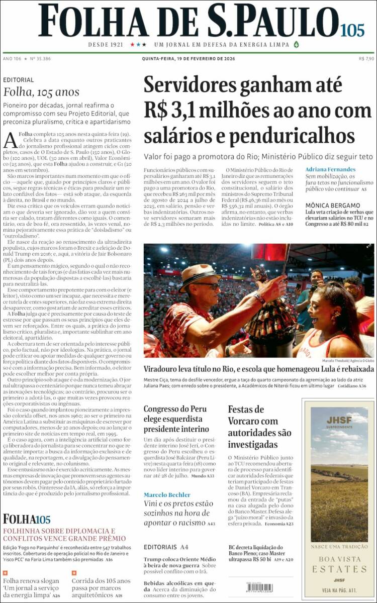 Portada de Folha de São Paulo (Brasil)