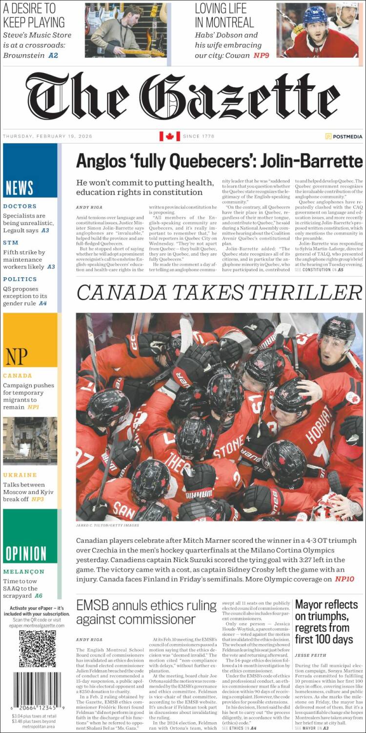 Portada de The Gazette (Canad&aacute;)