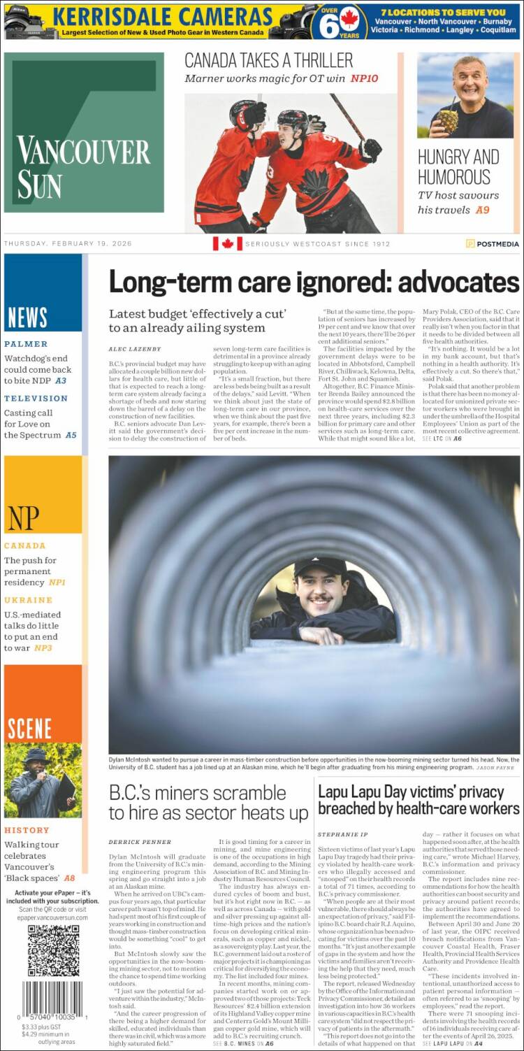 Portada de The Vancouver Sun (Canad&aacute;)