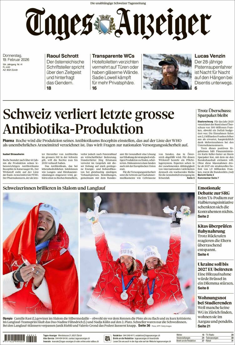 Portada de Tages-Anzeiger (Suiza)