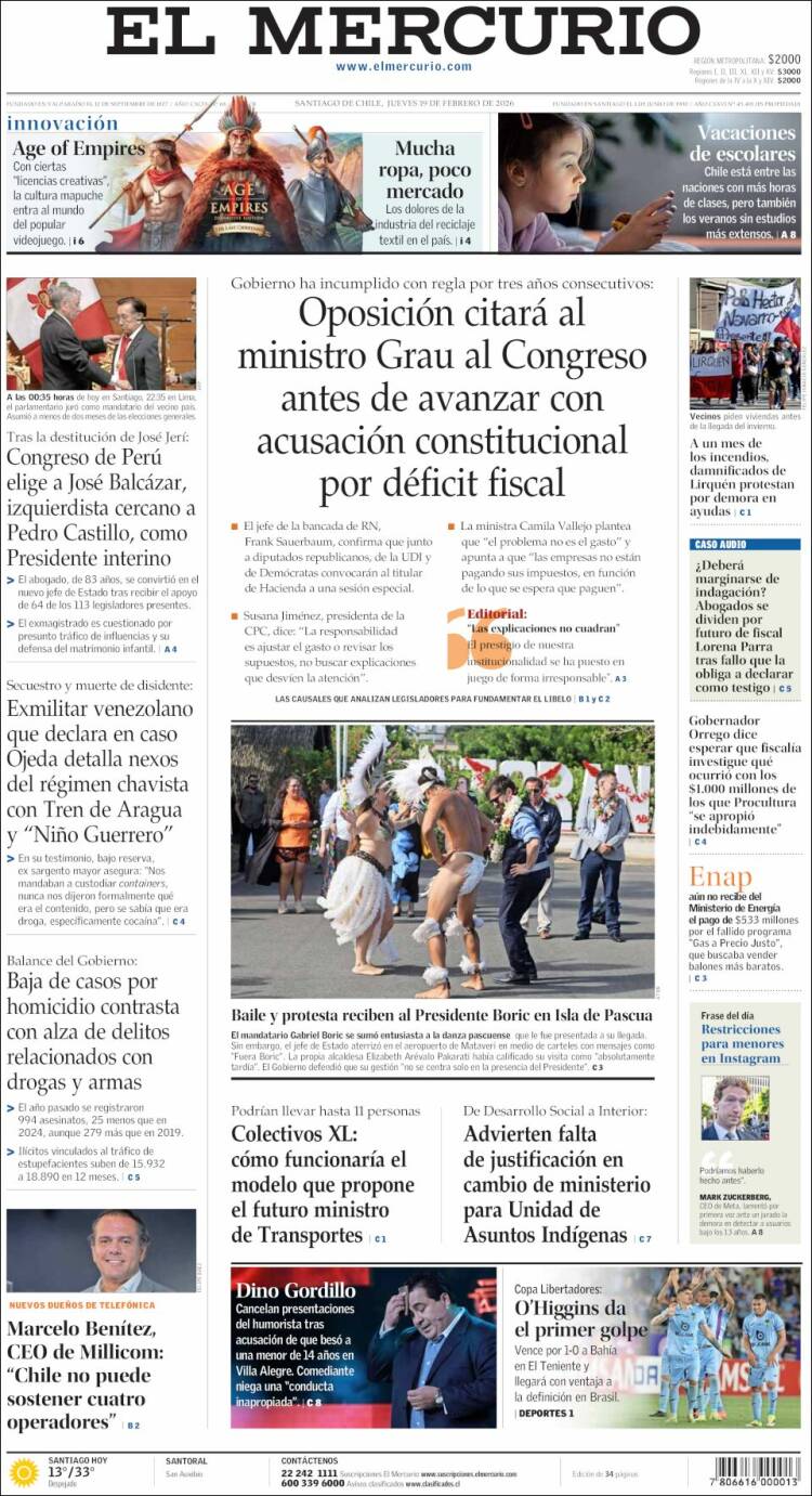Portada de El Mercurio (Chile)