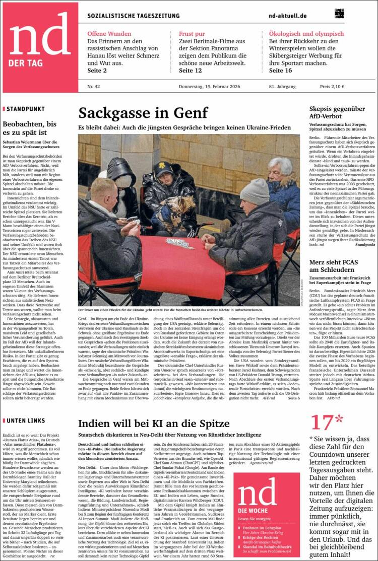Portada de Neues Deutschland (Alemania)