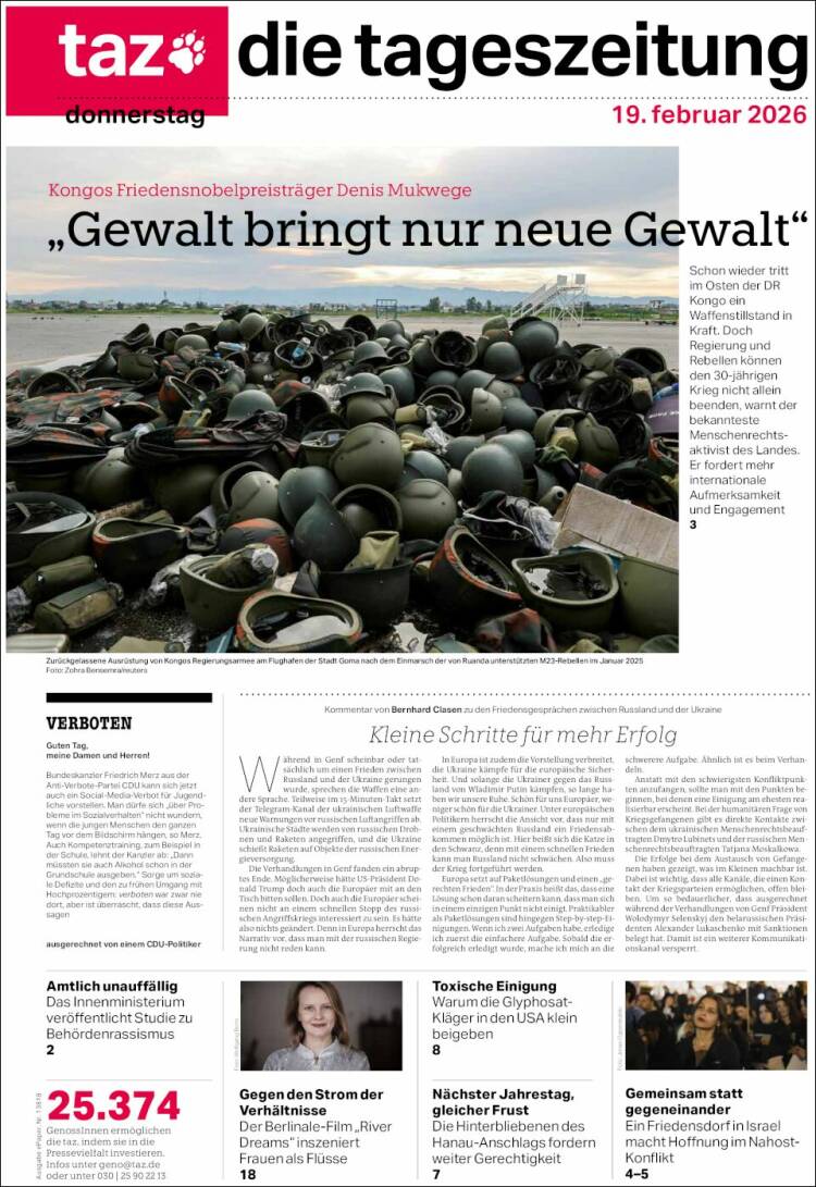 Portada de Die Tageszeitung (Alemania)