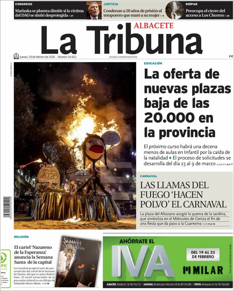 Portada de La Tribuna de Albacete (Espa&ntilde;a)