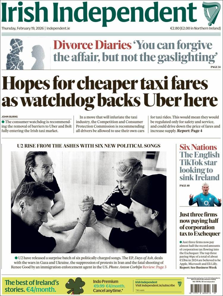 Portada de Irish Independent (Irlanda)