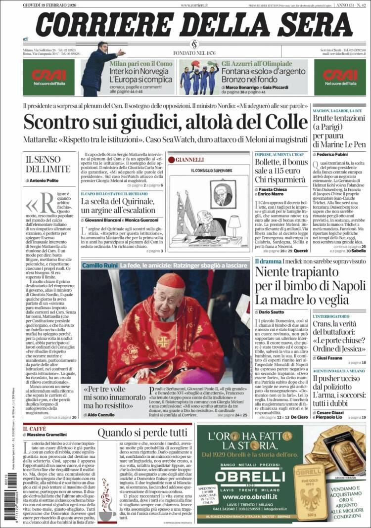 Portada de Corriere della Sera (Italia)
