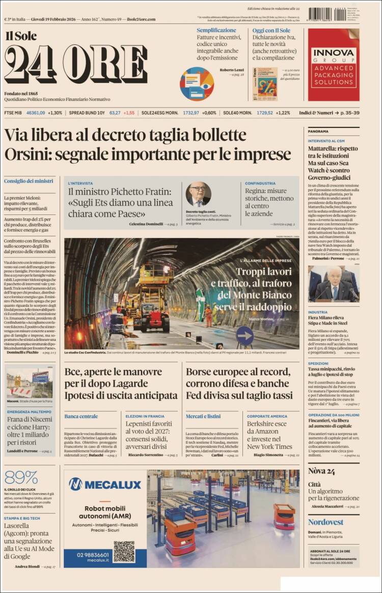 Portada de Il Sole 24 ORE (Italia)