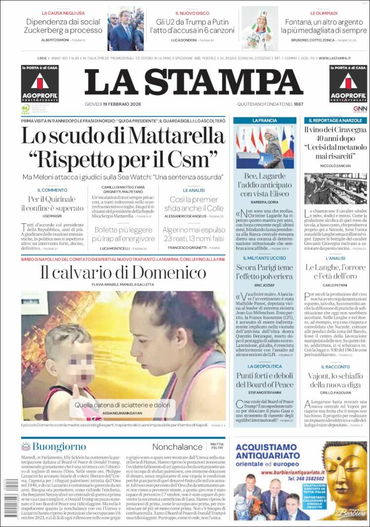 Portada de La Stampa (Italia)