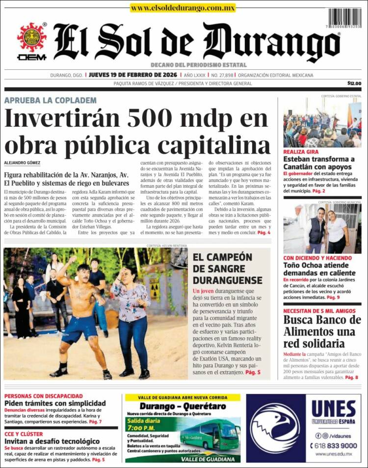 Portada de El Sol de Durango (M&eacute;xico)