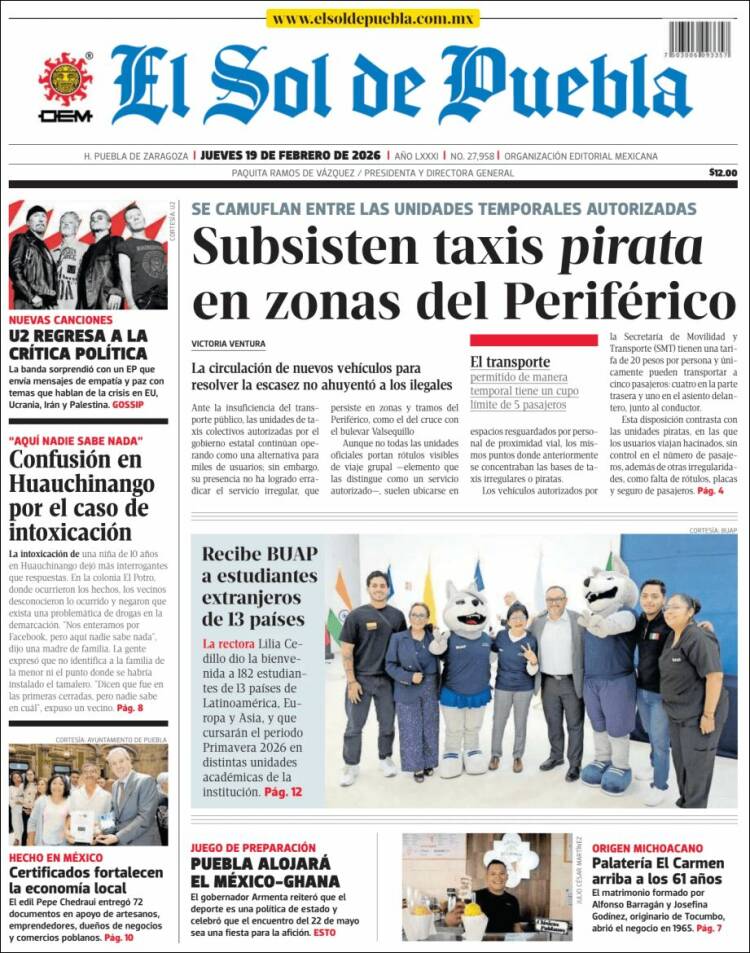 Portada de El Sol de Puebla (M&eacute;xico)