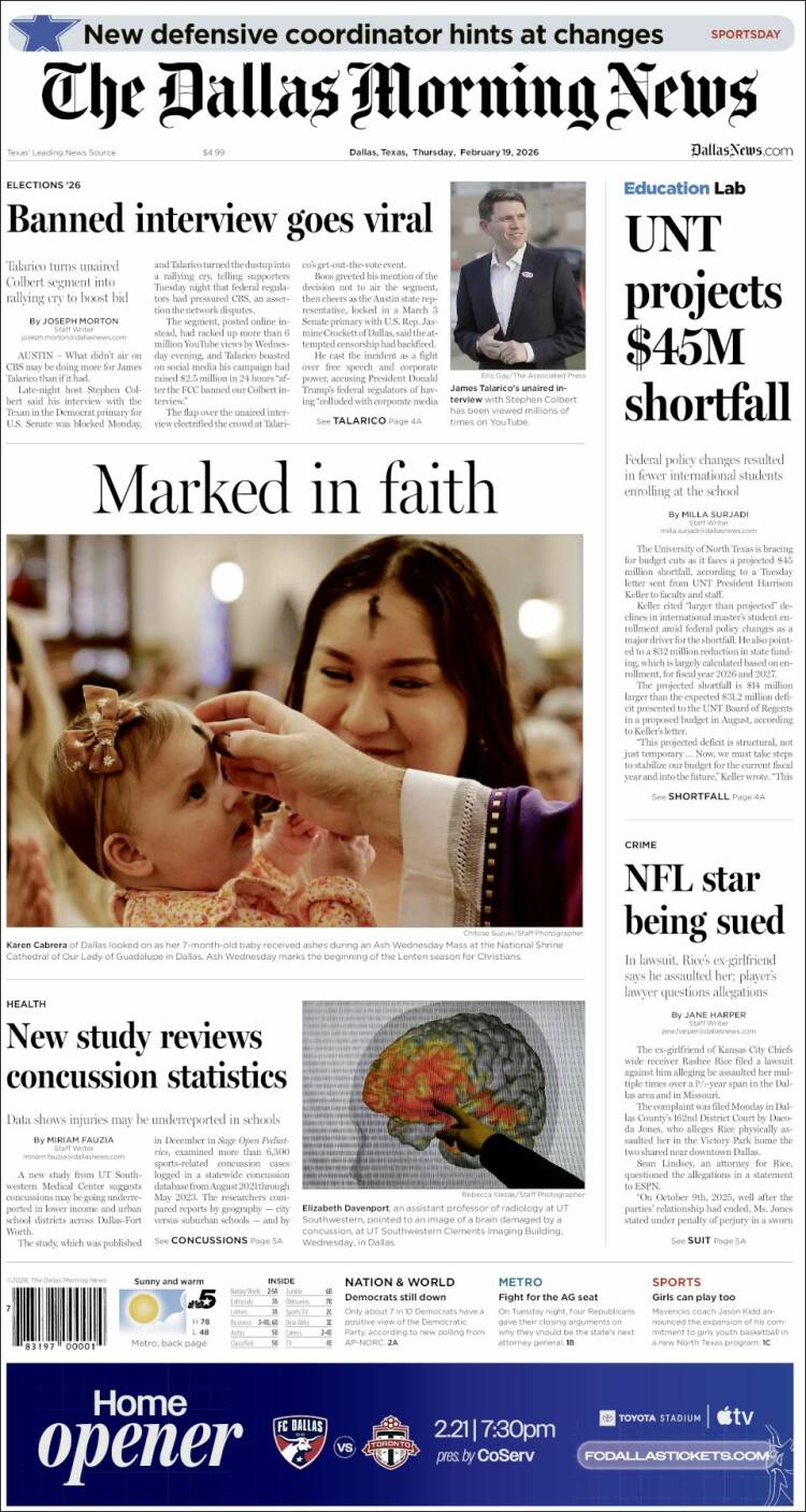 Portada de Dallas Morning News (USA)