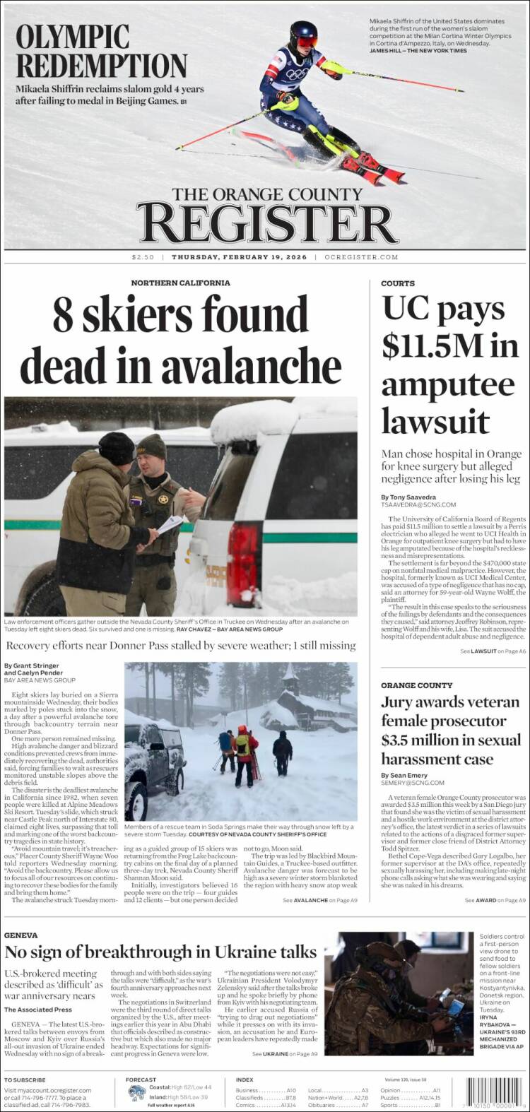 Portada de The Orange County Register (USA)