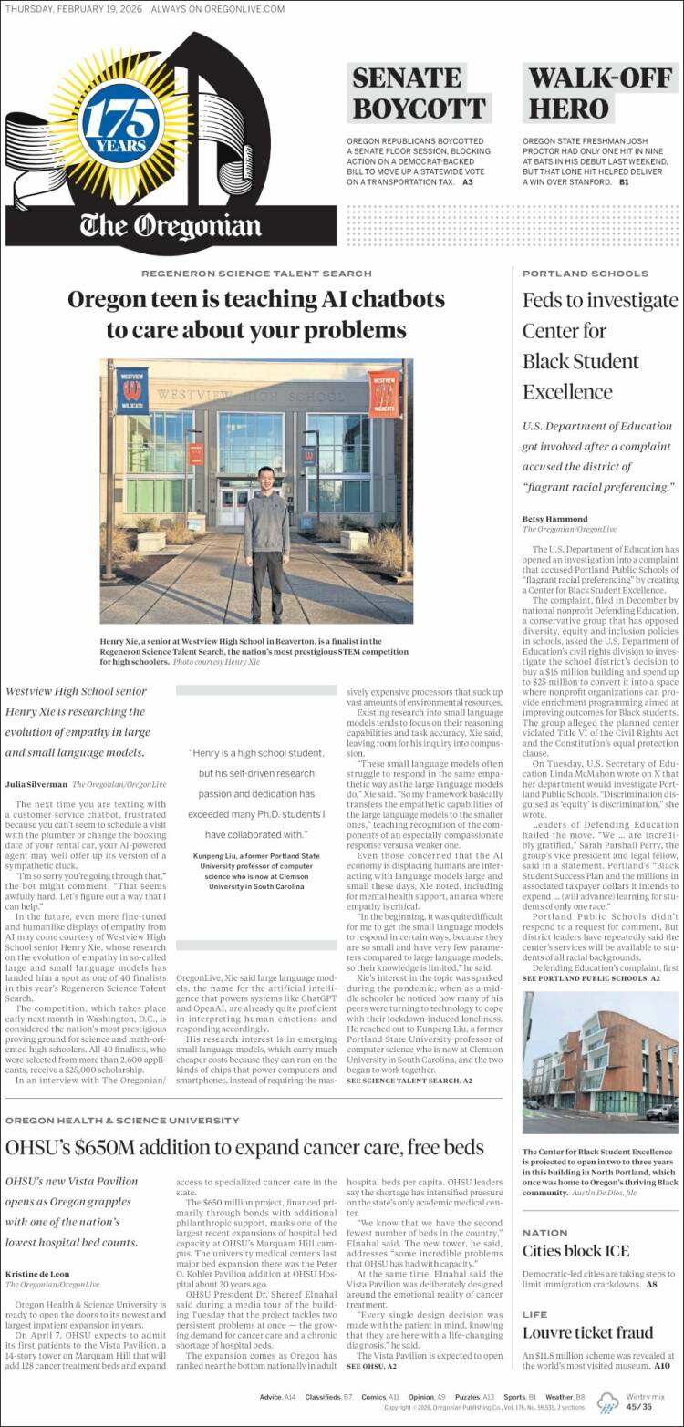 Portada de The Oregonian (USA)