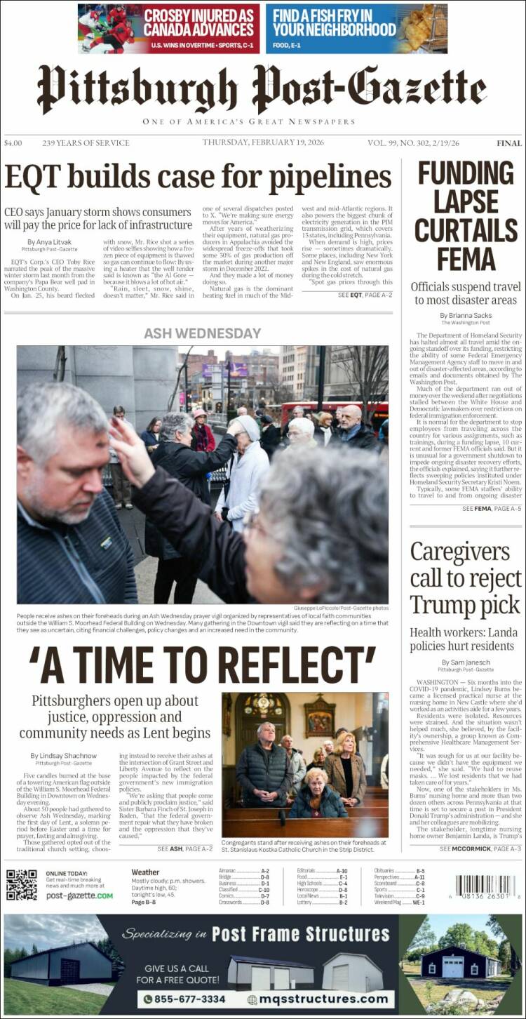 Portada de Pittsburgh Post-Gazette (USA)