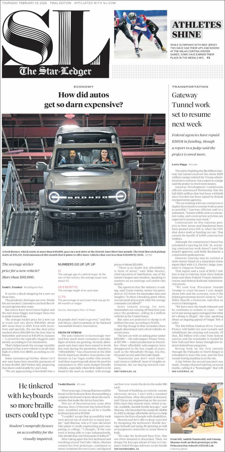 Portada de Star-Ledger (USA)