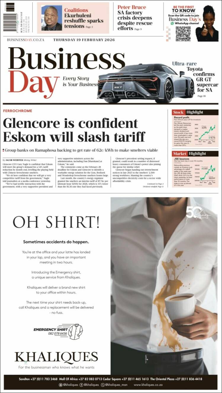 Portada de Business Day (Sud&aacute;frica)