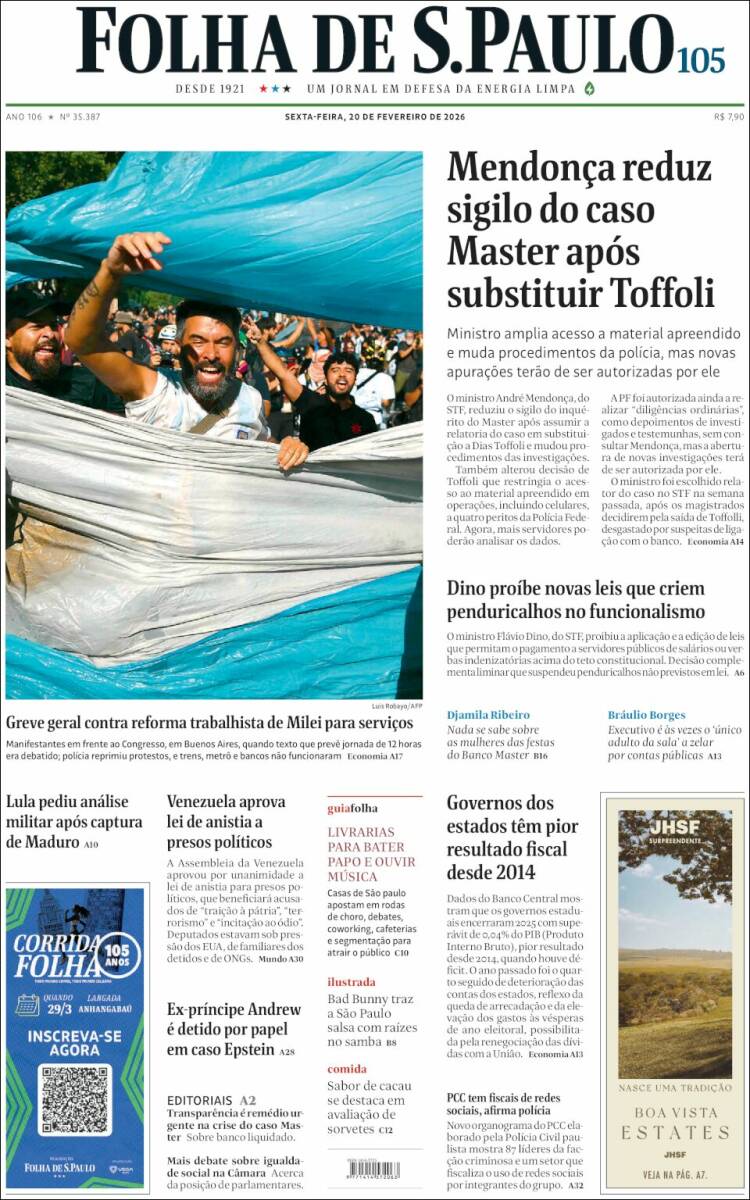 Portada de Folha de São Paulo (Brasil)