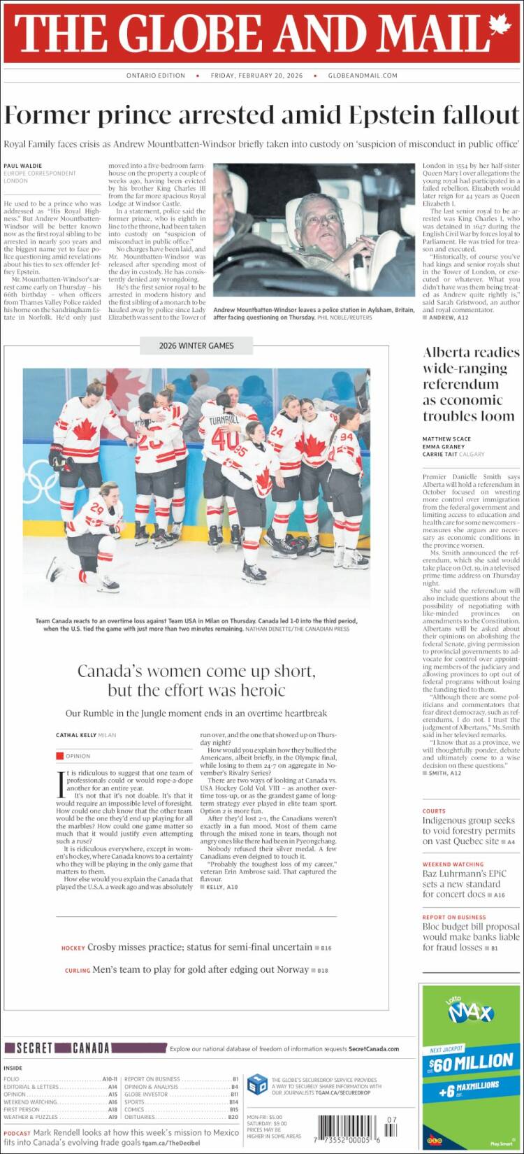 Portada de The Globe and Mail (Canad&aacute;)