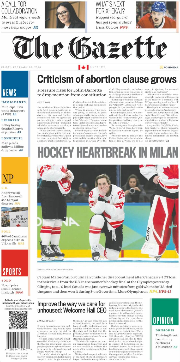 Portada de The Gazette (Canad&aacute;)