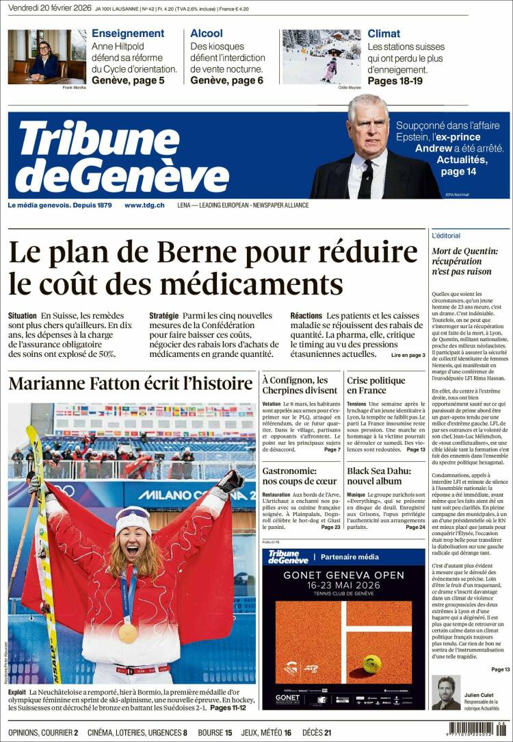 Portada de La Tribune de Genève (Suiza)