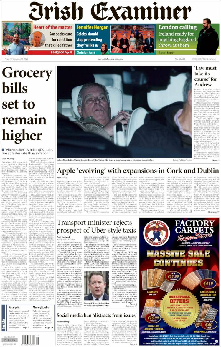 Portada de Irish Examiner (Irlanda)