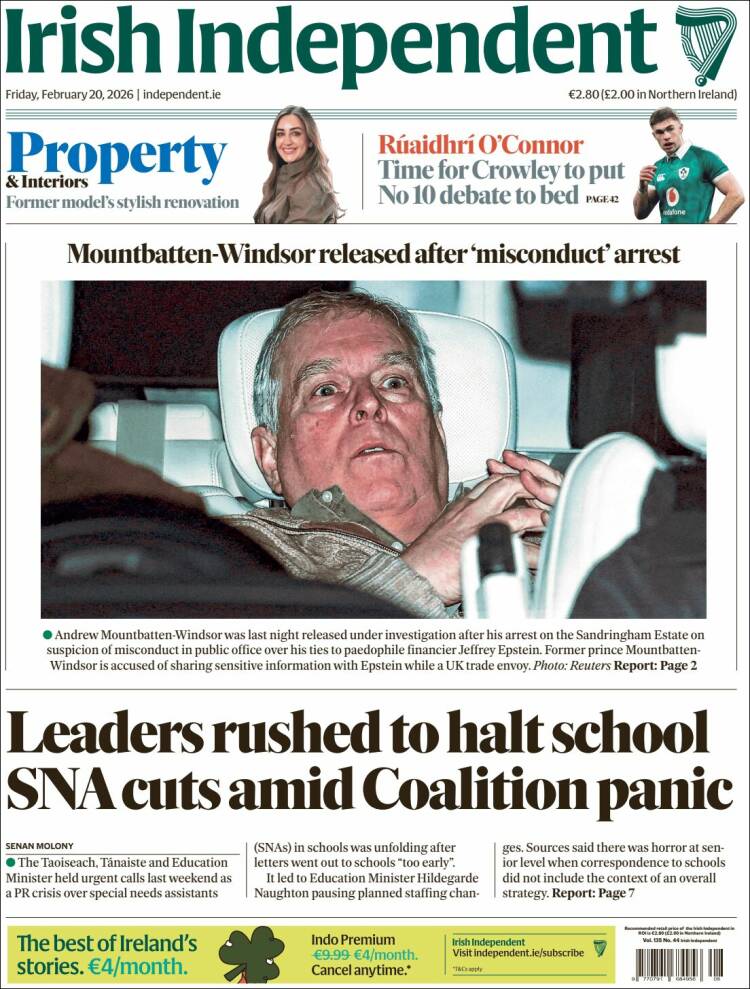 Portada de Irish Independent (Irlanda)