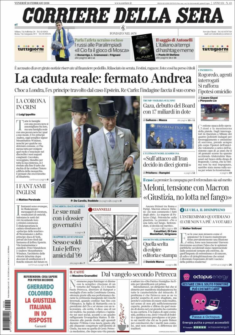 Portada de Corriere della Sera (Italia)