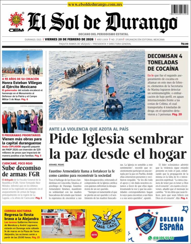 Portada de El Sol de Durango (M&eacute;xico)