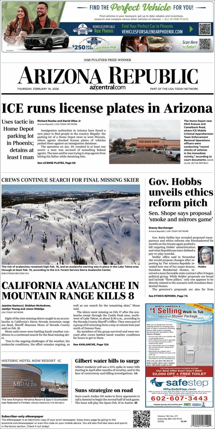 Portada de Arizona Republic News (USA)