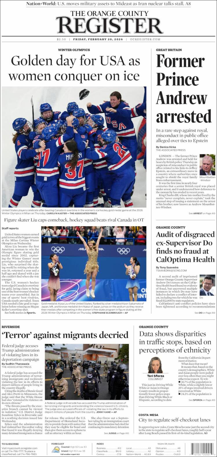 Portada de The Orange County Register (USA)