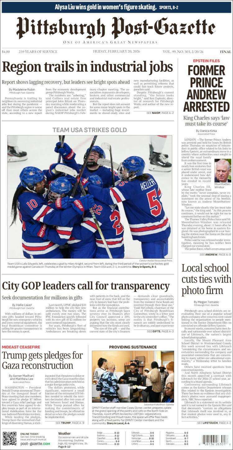 Portada de Pittsburgh Post-Gazette (USA)