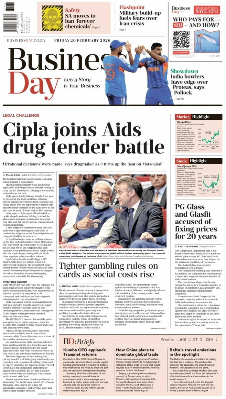 Portada de Business Day (Sud&aacute;frica)