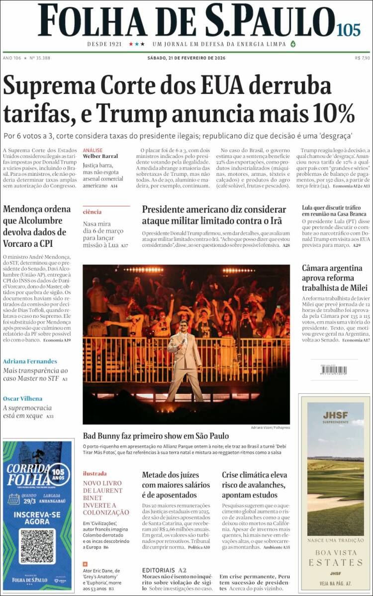 Portada de Folha de São Paulo (Brasil)