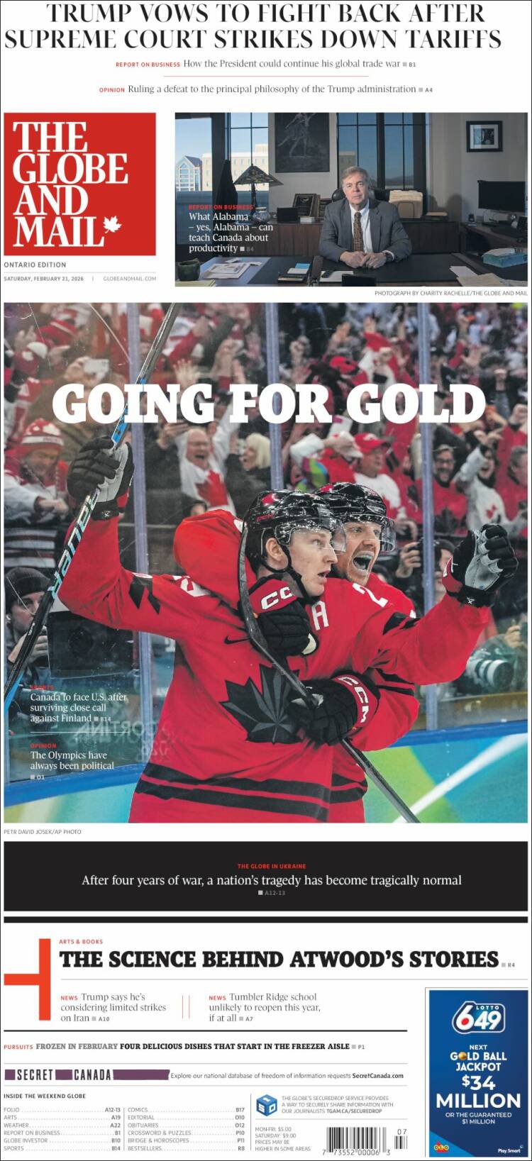 Portada de The Globe and Mail (Canad&aacute;)
