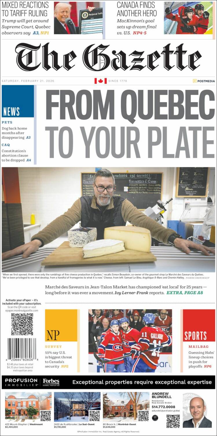 Portada de The Gazette (Canad&aacute;)