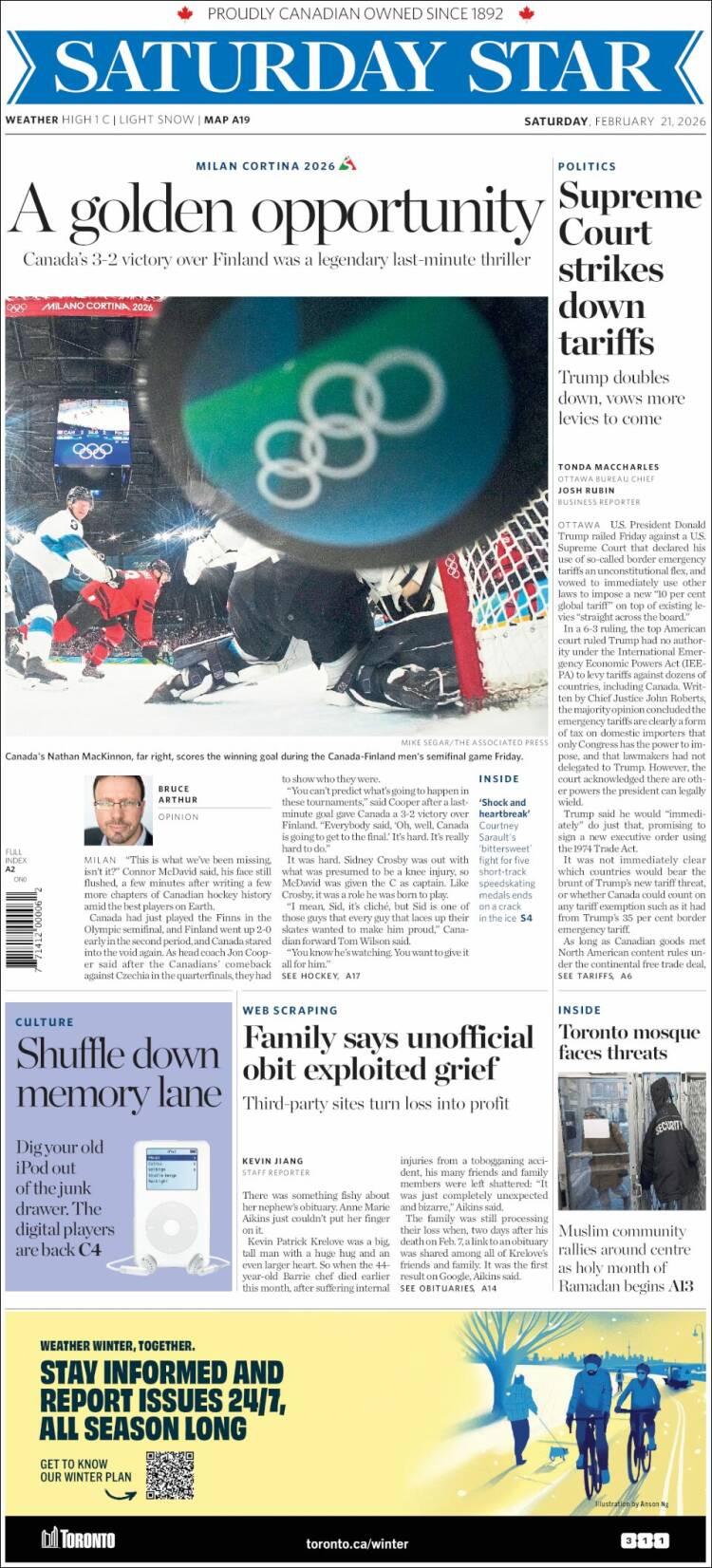 Portada de The Toronto Star (Canad&aacute;)