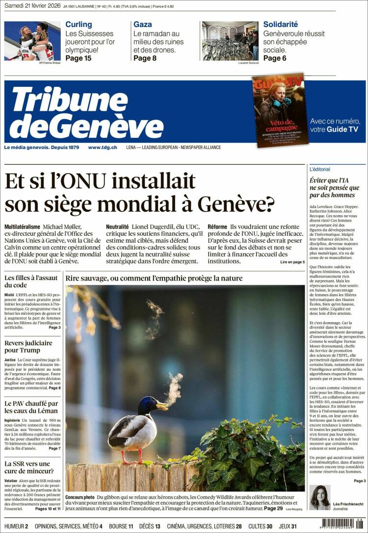 Portada de La Tribune de Genève (Suiza)