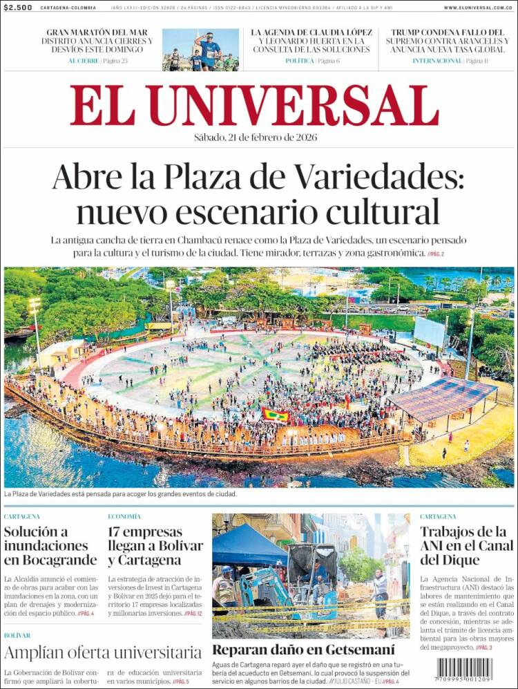 Portada de El Universal (Colombia)